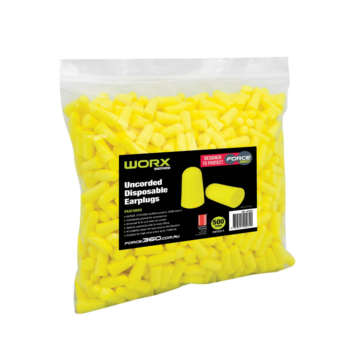 Picture of Force360 Bullet Shaped Uncorded Earplug Bulk Pack (500pr Per Bag) Yellow Size One