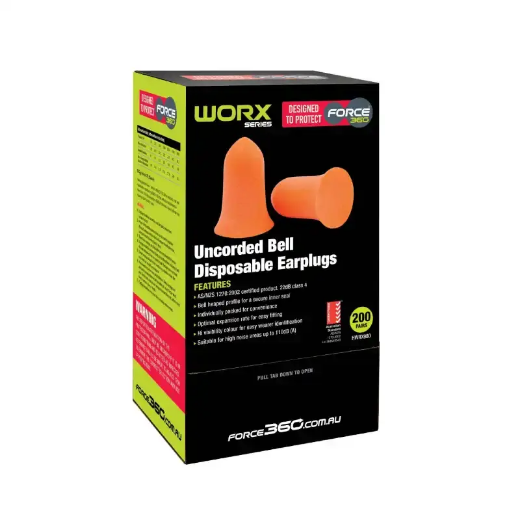 Picture of Force360 Bell Shaped Uncorded Disposable Earplug Class 4, 22dB (200pr Per Box) Orange Size One