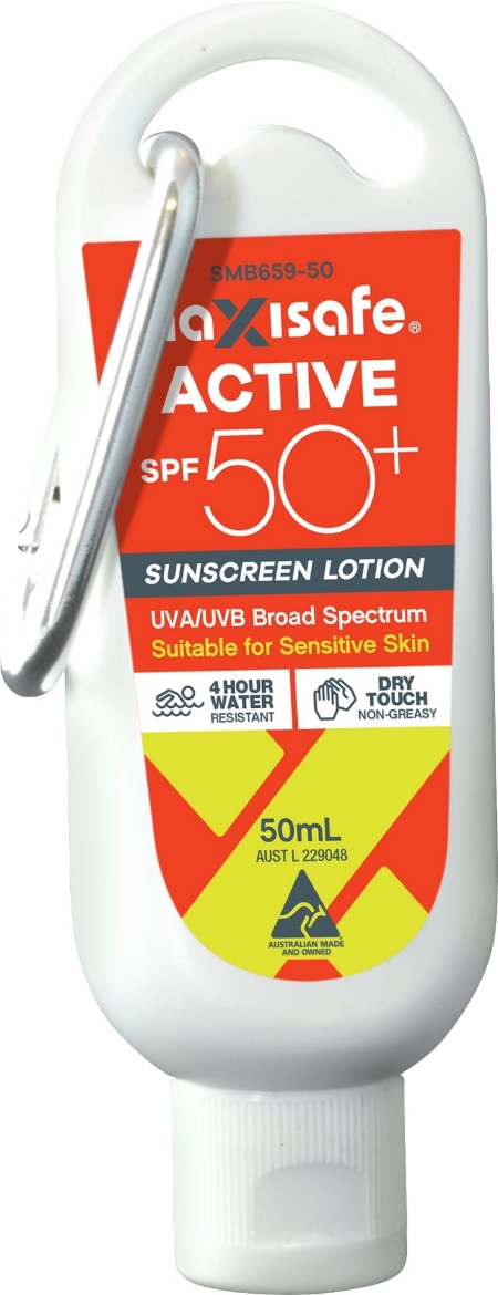 Picture of Maxisafe Australian Made SPF 50+ Sunscreen Lotion, 50ml with Carabiner