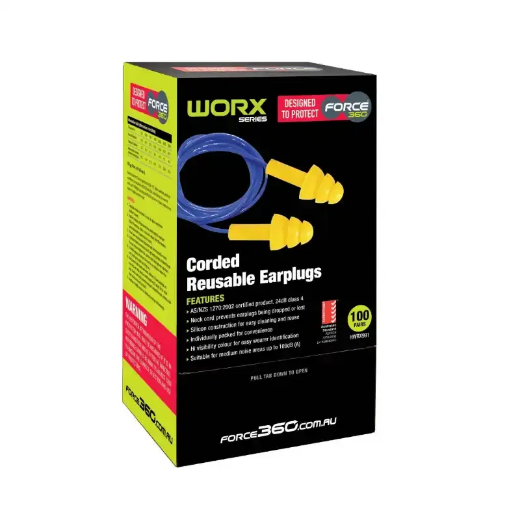 Picture of Force360 Silicone Corded Reuseable Earplug Class 4, 24dB (100pr Per Box) Blue Size One