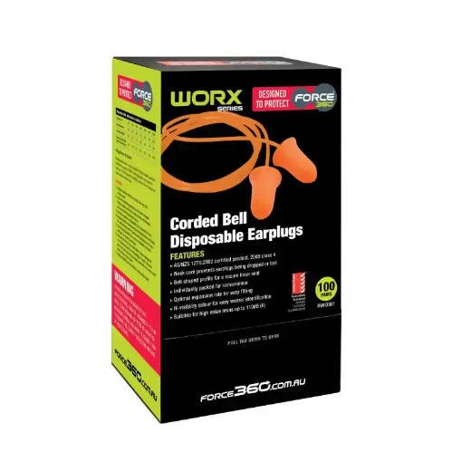 Picture of Force360 Bell Shaped Corded Disposable Earplug Class 4, 22dB (100pr Per Box) Orange Size One